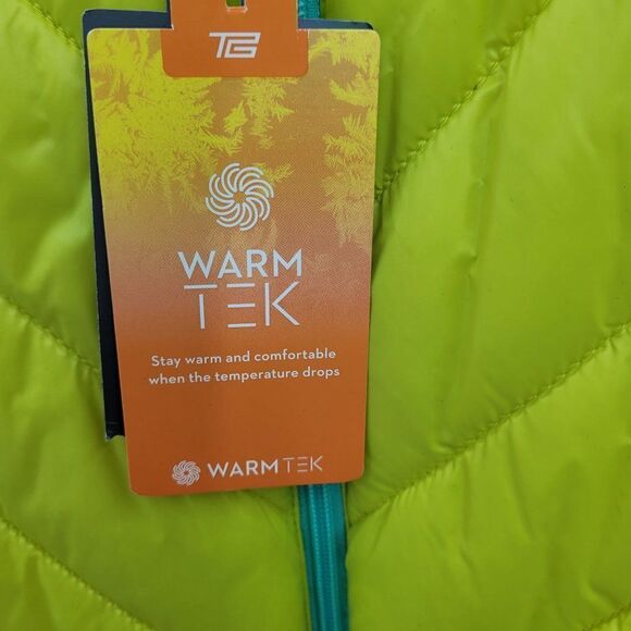 Tek Gear Puffer Vest‎ M Chartreuse Quilted Contrasting Hood Zip Pockets Gorpcore - Picture 10 of 12